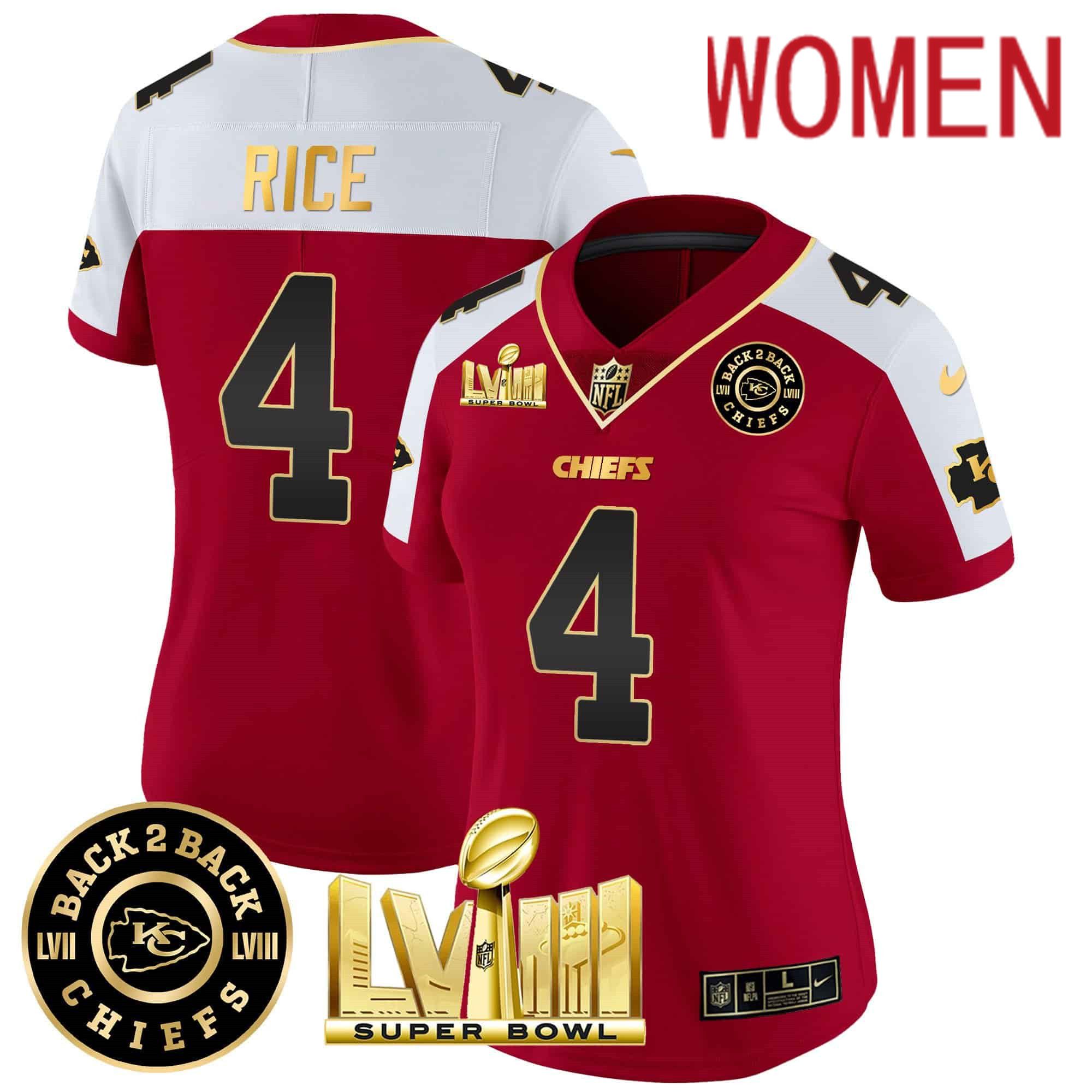 Women Kansas City Chiefs #4 Rice Red 2024 Nike Super Bowl LVIII & Back-2-Back Patch Vapor NFL Jersey->women nfl jersey->Women Jersey